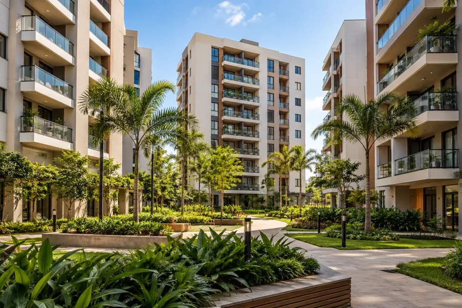 Imagem ilustrativa de um condomínio residencial com jardins