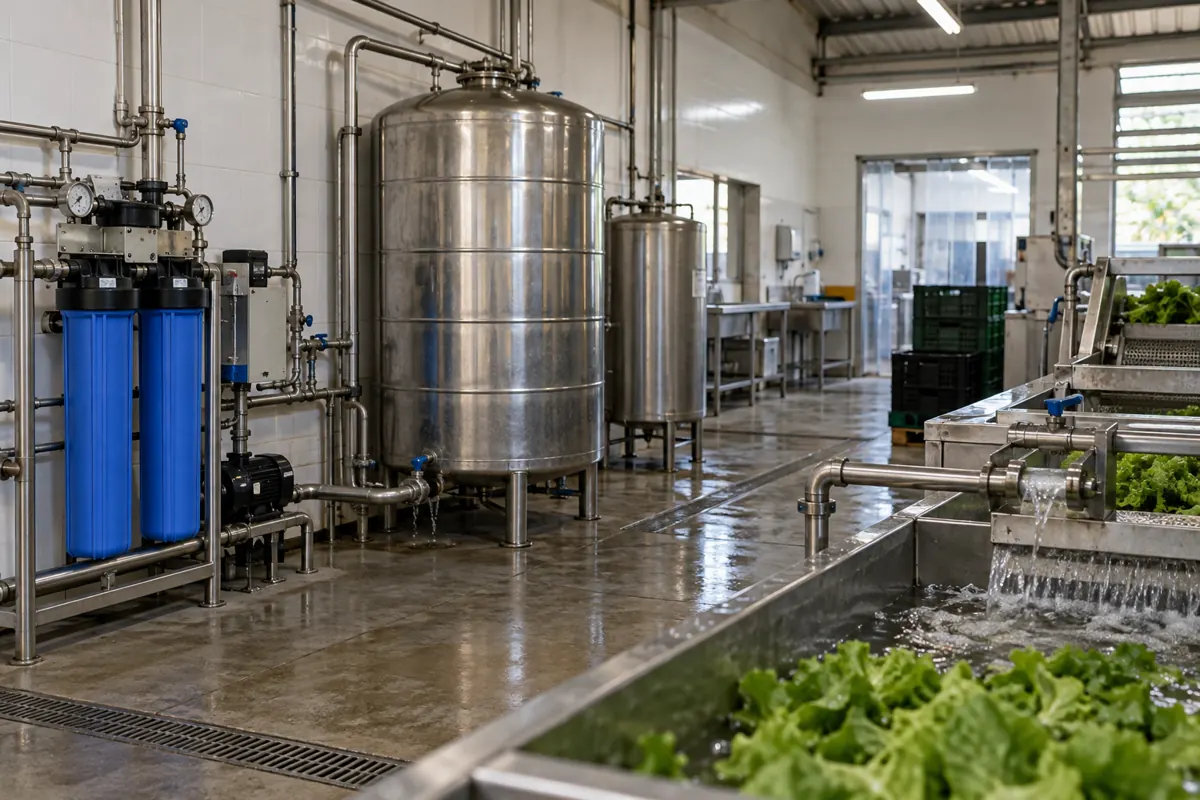 Ambiente de processamento de alimentos com sistema de água