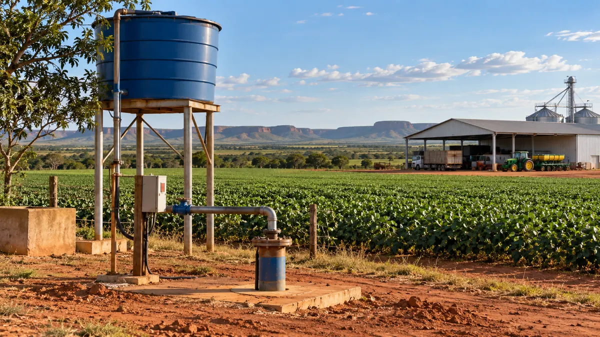 Cenário rural com plantação, poço e reservatório de água